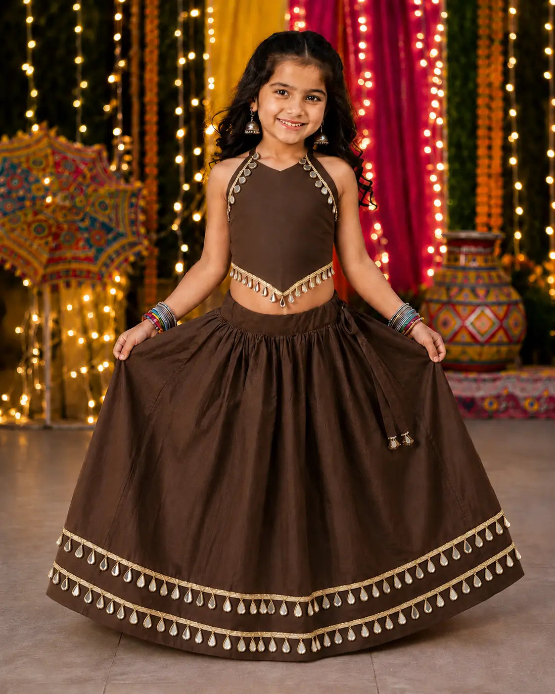 Dark Brown Kids Navratri Lehenga Choli