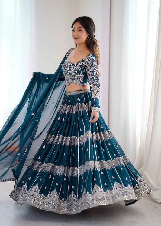 Teal Sequins Embroidery Lehenga Choli