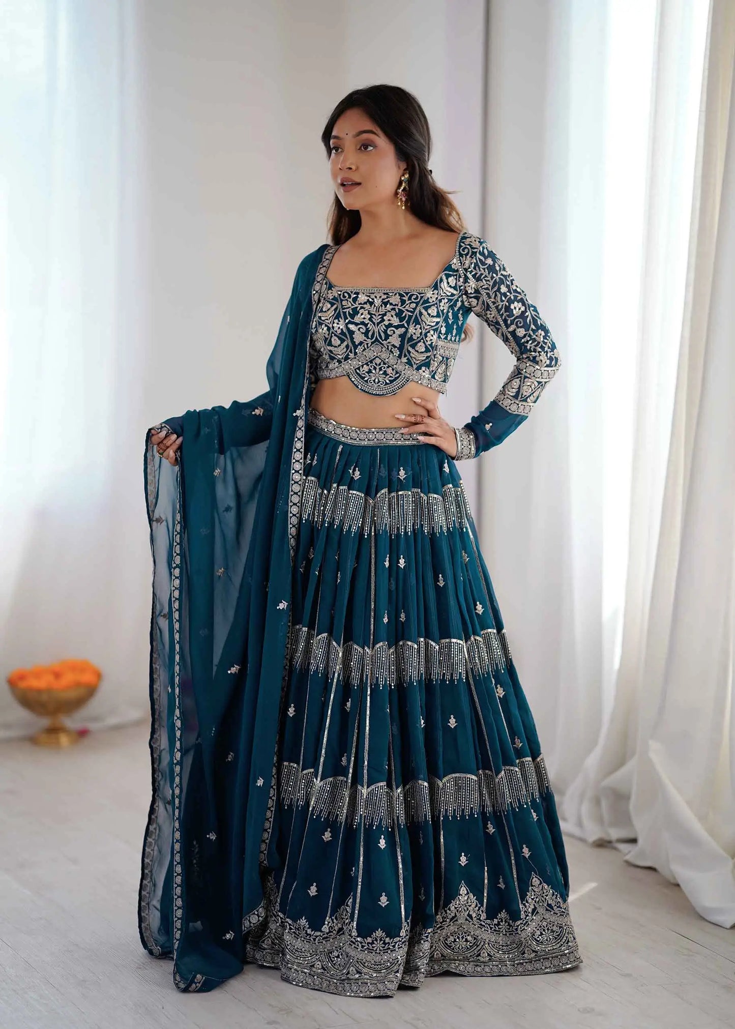 Teal Sequins Embroidery Lehenga Choli
