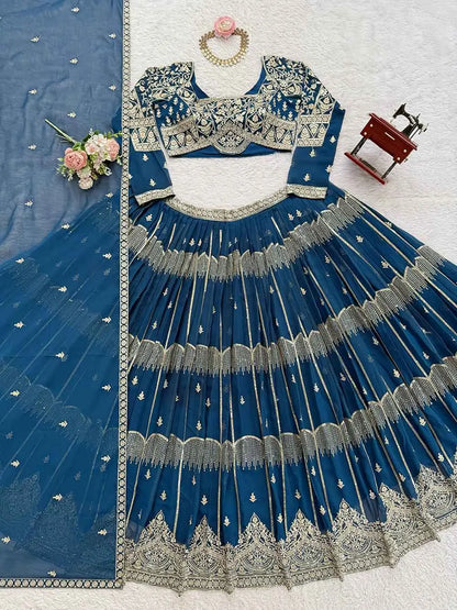 Teal Sequins Embroidery Lehenga Choli