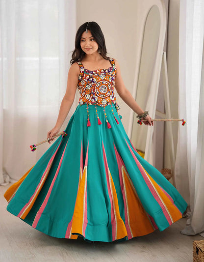 Teal Kutchhi Work Navratri Lehenga Choli