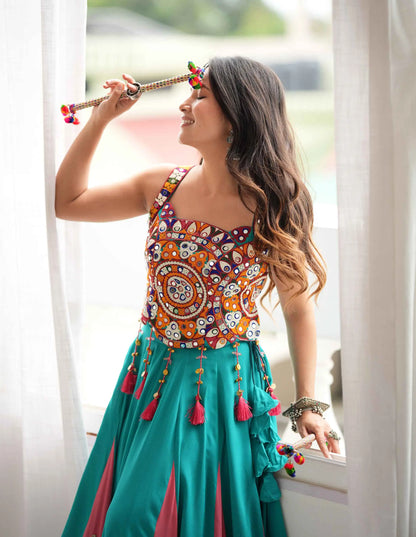 Teal Kutchhi Work Navratri Lehenga Choli