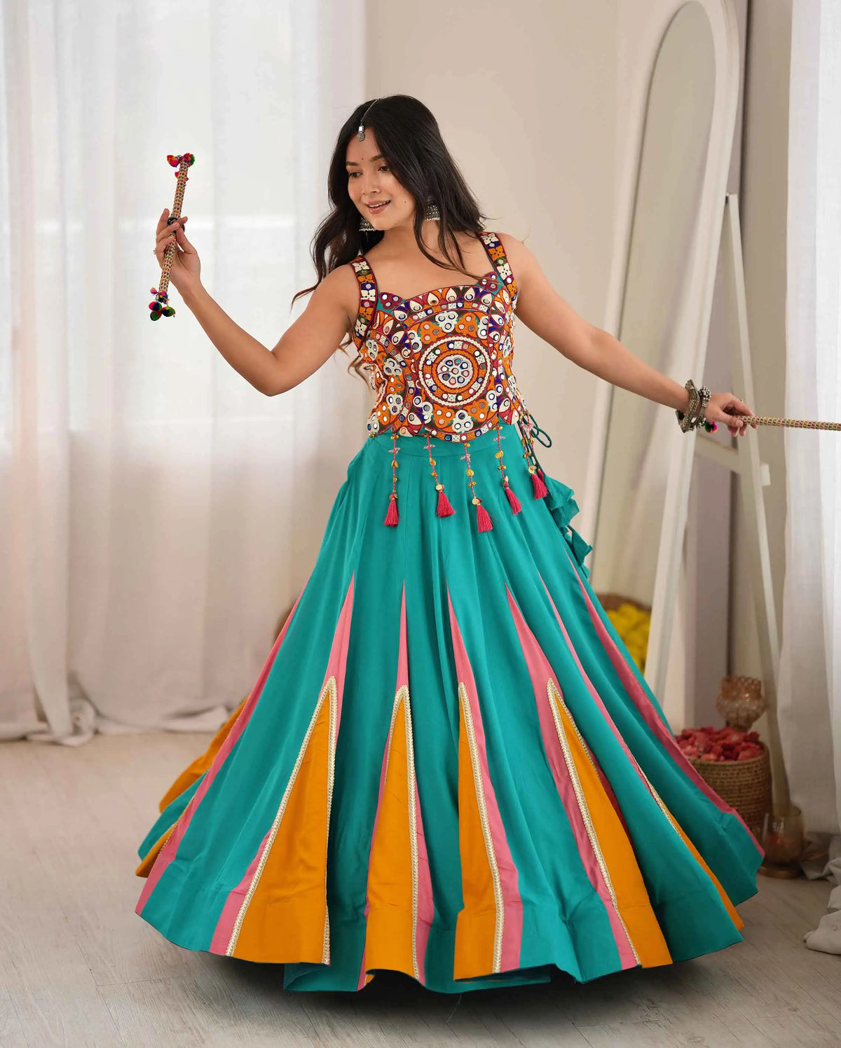 Teal Kutchhi Work Navratri Lehenga Choli