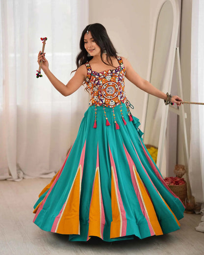 Teal Kutchhi Work Navratri Lehenga Choli
