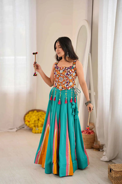 Teal Kutchhi Work Navratri Lehenga Choli