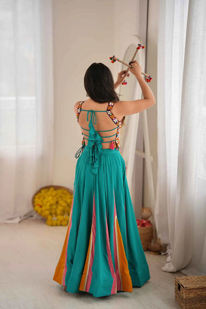 Teal Kutchhi Work Navratri Lehenga Choli