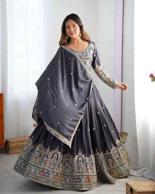 Dark Black Grey Cording Dori Embroidery Work Lehenga With Dupatta