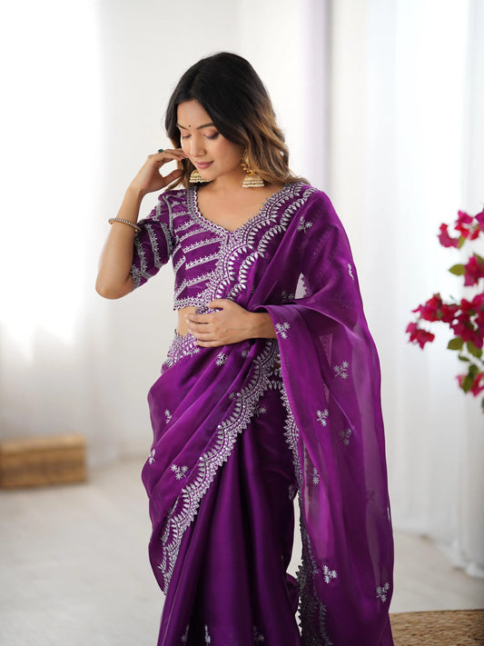 Grape Purple Sequins Embroidery Work Designer Saree