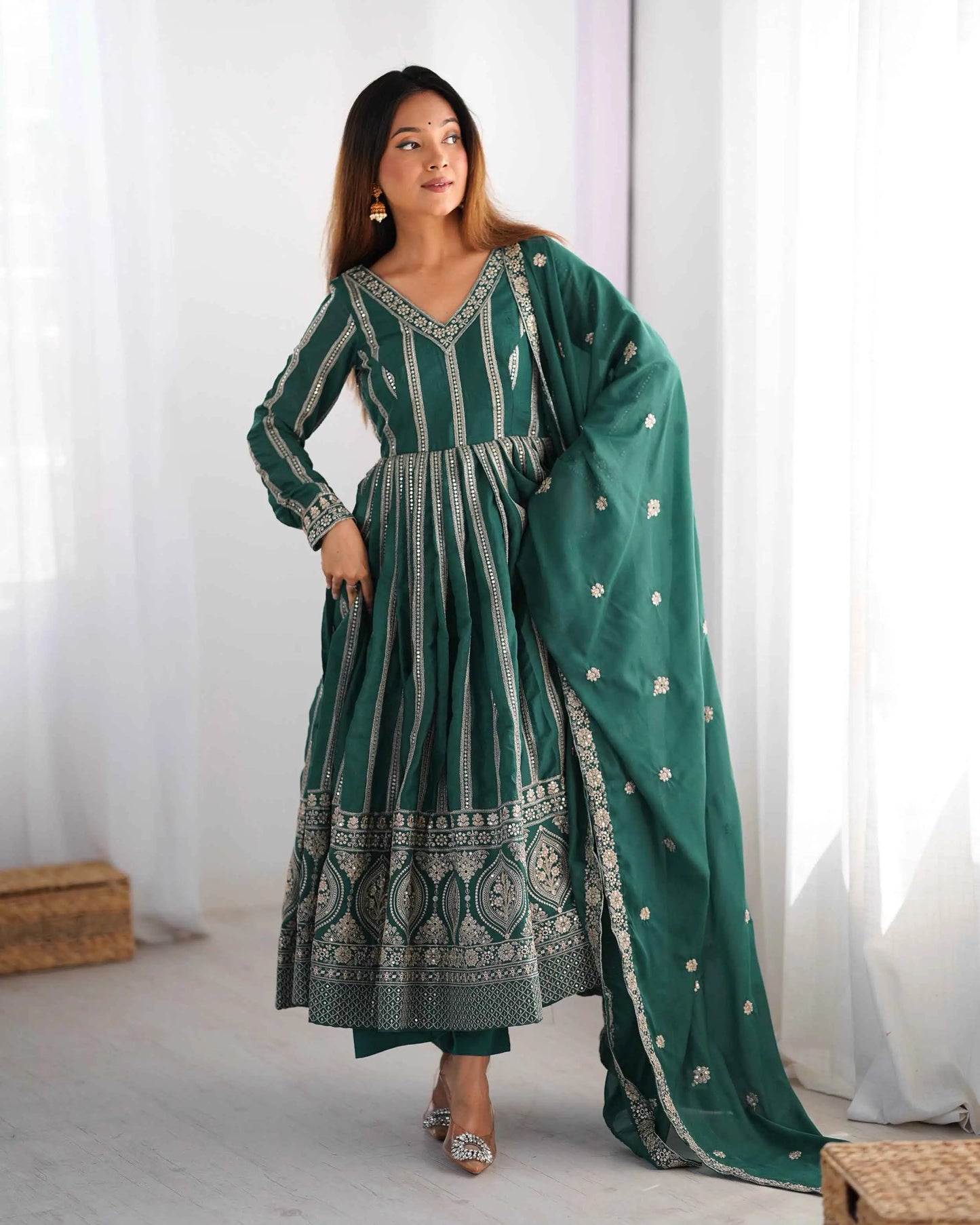 Greenish Blue Georgette Sequins Embroidery Work Gown And Dupatta