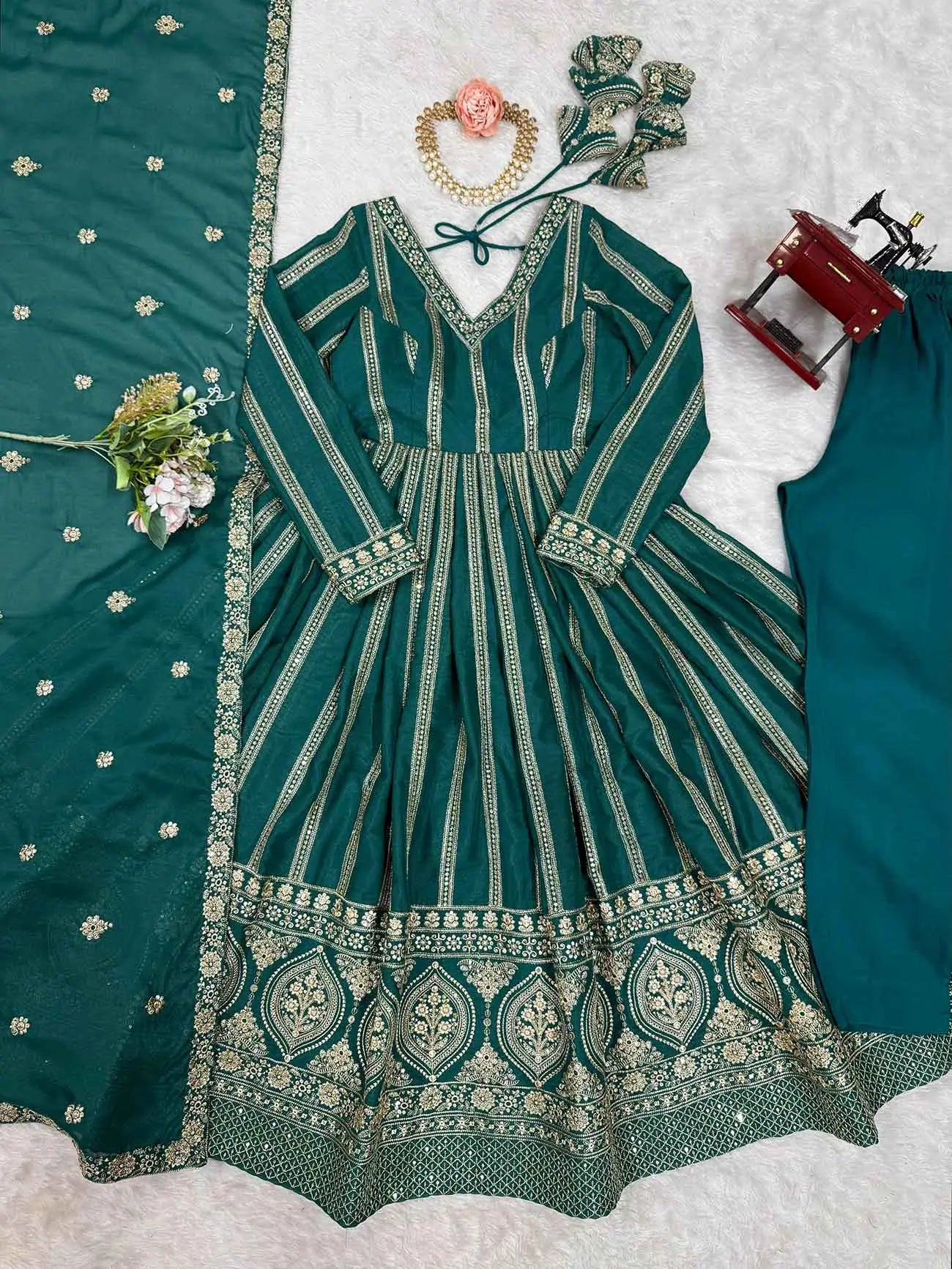 Greenish Blue Georgette Sequins Embroidery Work Gown And Dupatta