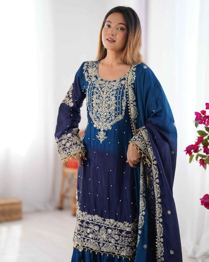 Navy Blue Cording Sequins Work With Rivet Moti Sharara Set With Dupatta