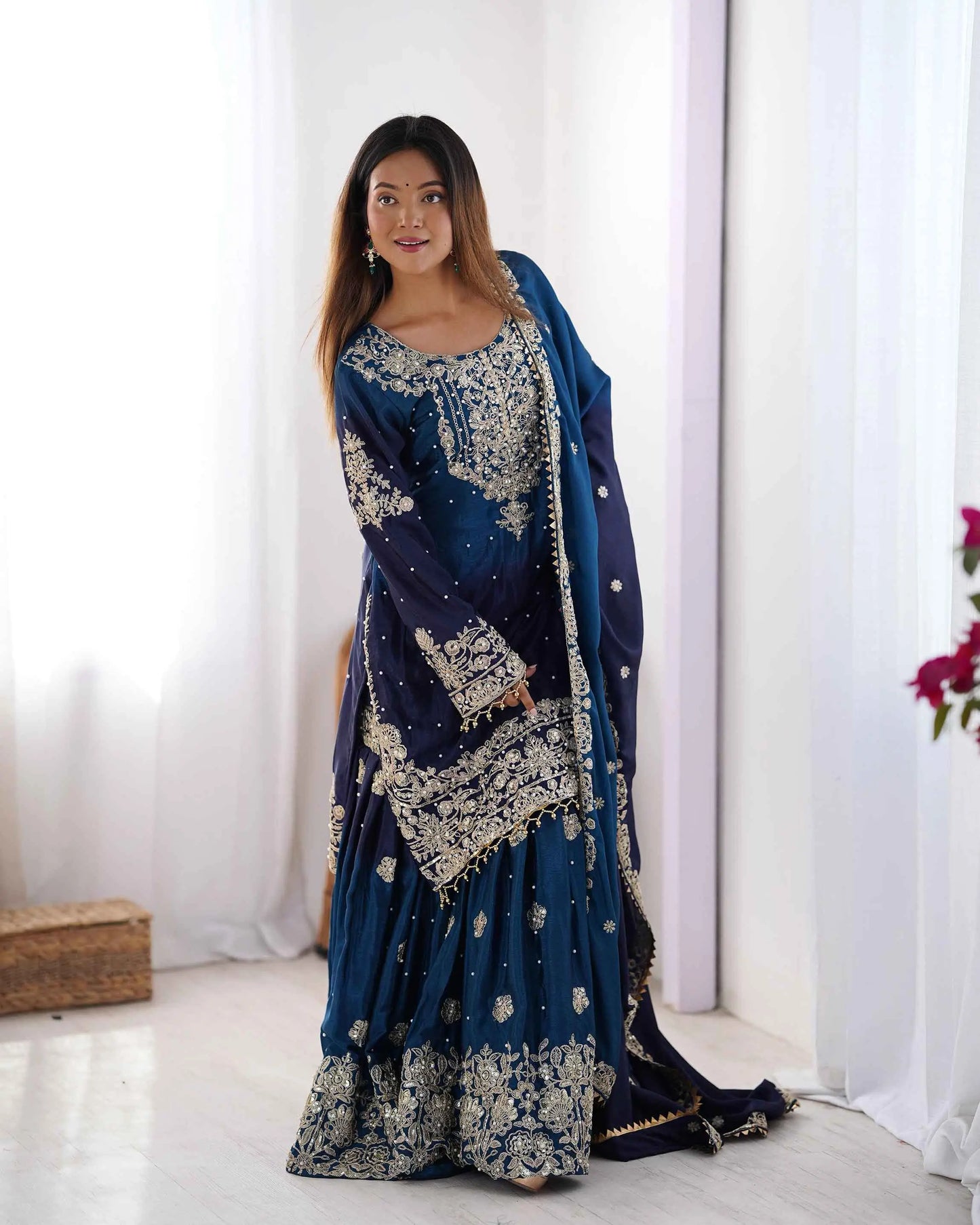 Navy Blue Cording Sequins Work With Rivet Moti Sharara Set With Dupatta