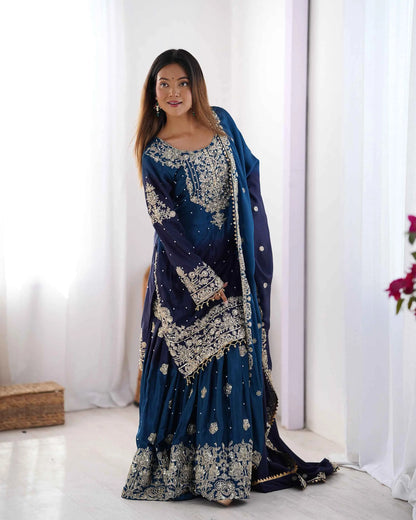 Navy Blue Cording Sequins Work With Rivet Moti Sharara Set With Dupatta