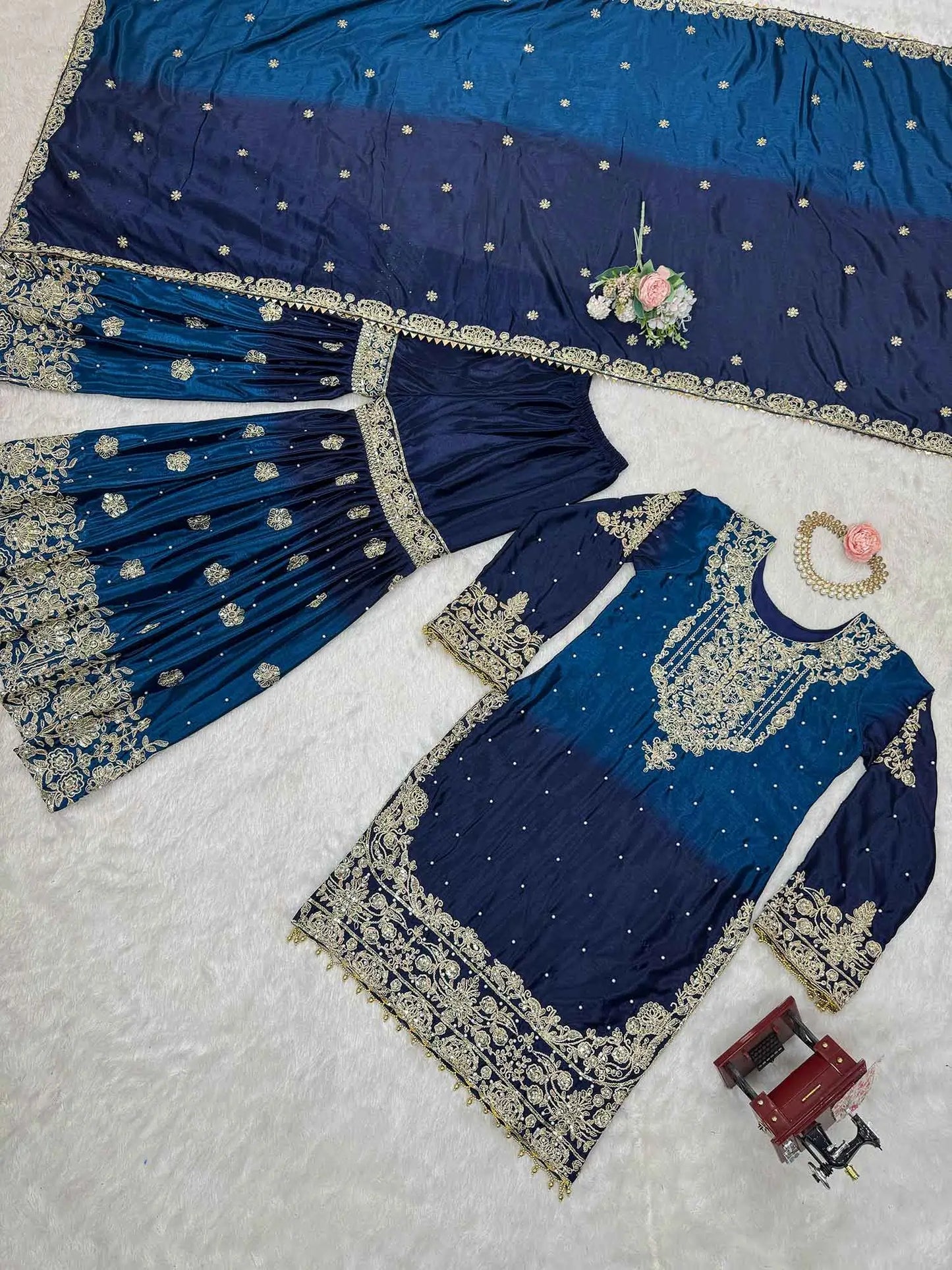 Navy Blue Cording Sequins Work With Rivet Moti Sharara Set With Dupatta
