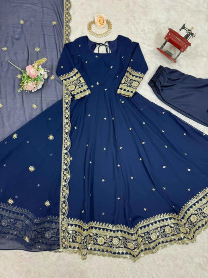 Dusk Blue Georgette Embroidered Gown