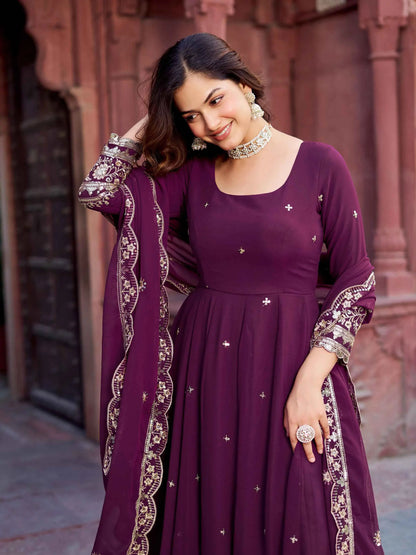 Wine Berry Georgette Embroidered Gown