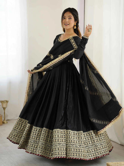 Black Sequins Embroidery Work Silk Gown