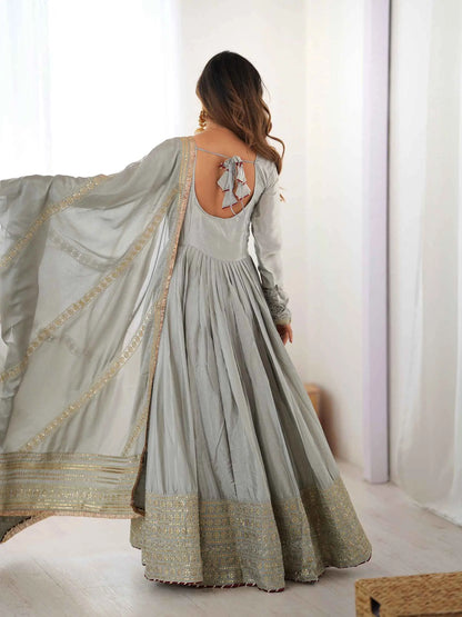 Olive Grey Sequins Embroidery Work Gown