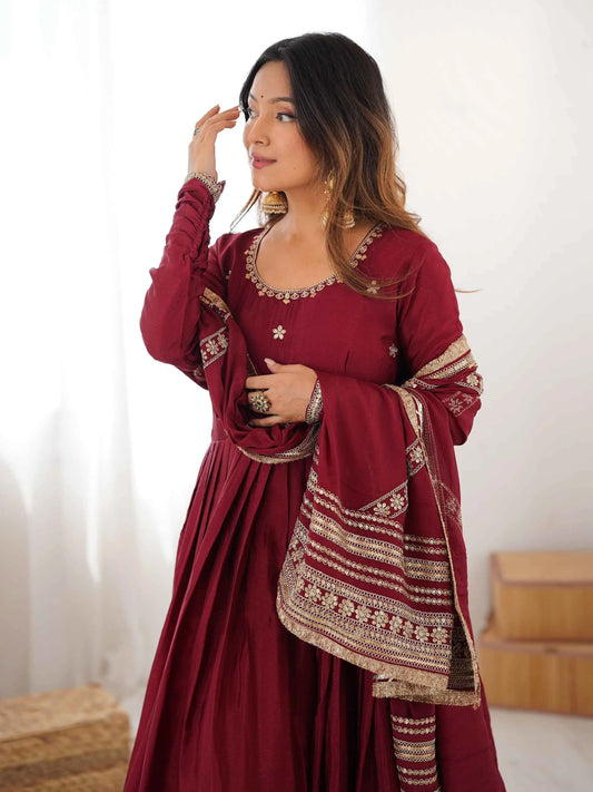 Maroon Sequins Embroidery Work Silk Gown