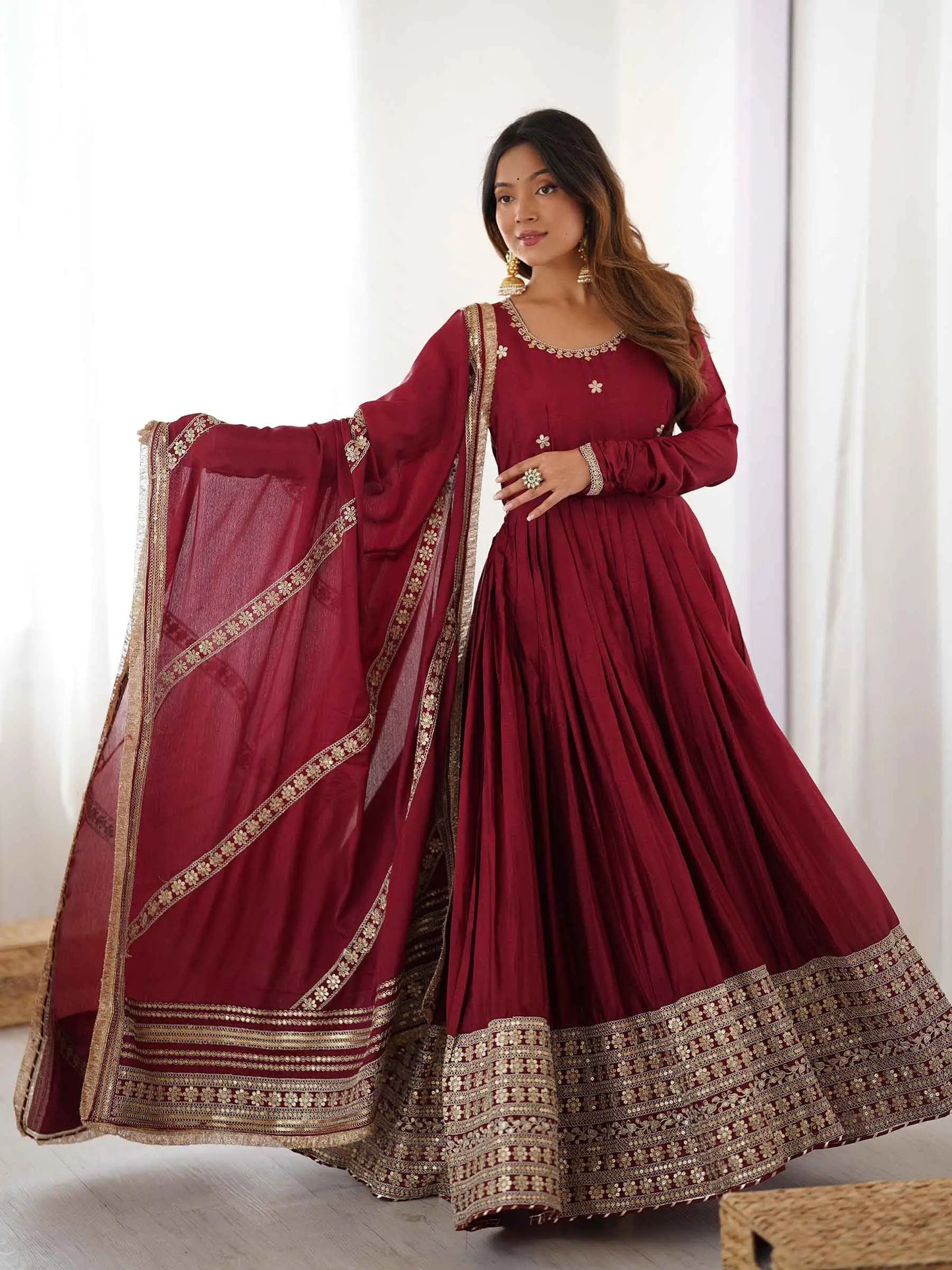 Maroon Sequins Embroidery Work Silk Gown