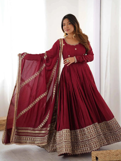 Maroon Sequins Embroidery Work Silk Gown