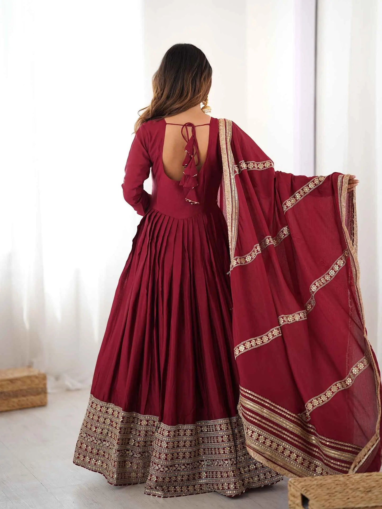 Maroon Sequins Embroidery Work Silk Gown