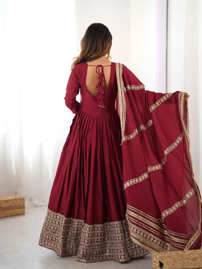 Maroon Sequins Embroidery Work Silk Gown