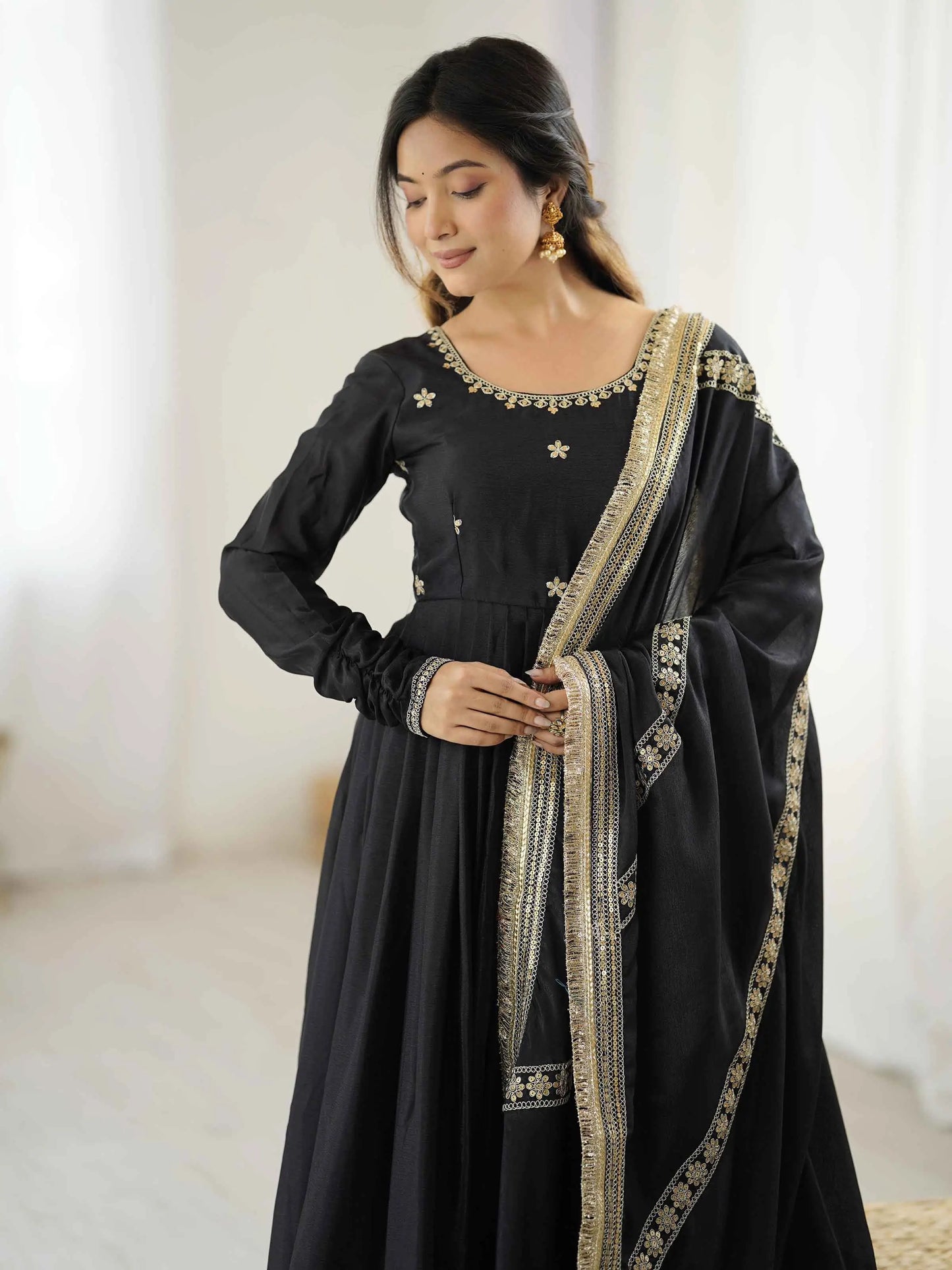 Black Sequins Embroidery Work Silk Gown