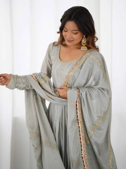 Olive Grey Sequins Embroidery Work Gown