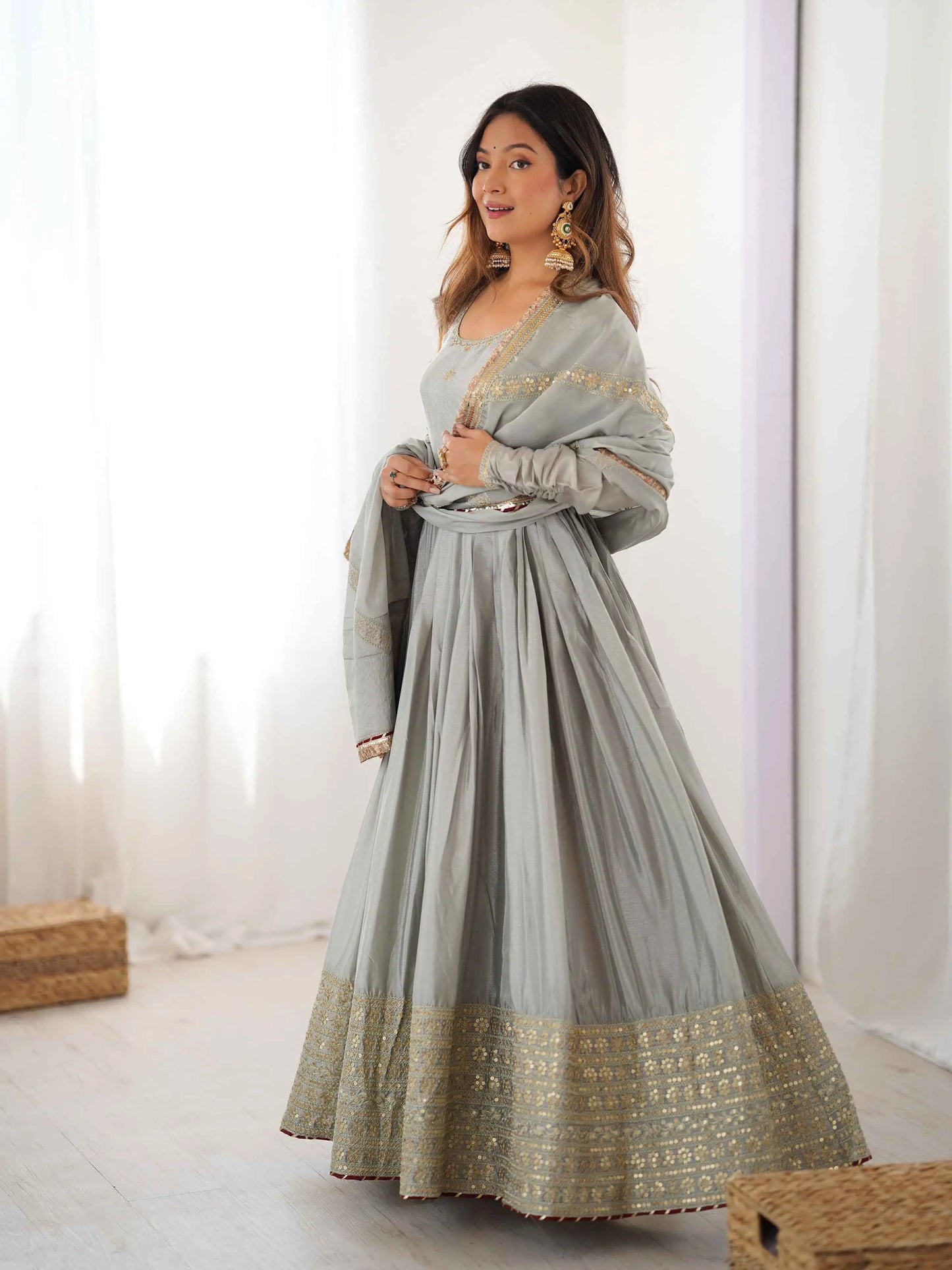 Olive Grey Sequins Embroidery Work Gown