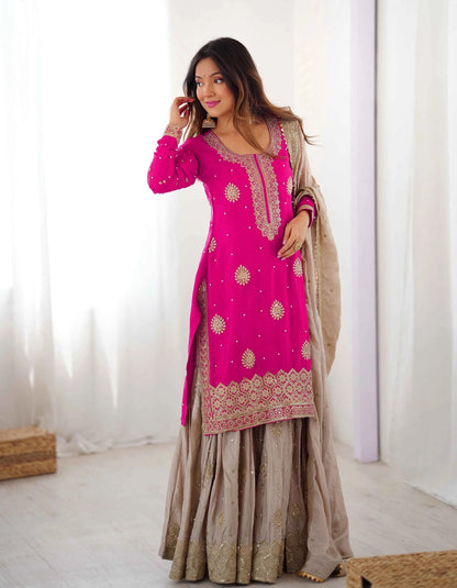 Pink Pearl Sequins Embroidery Sharara Suit