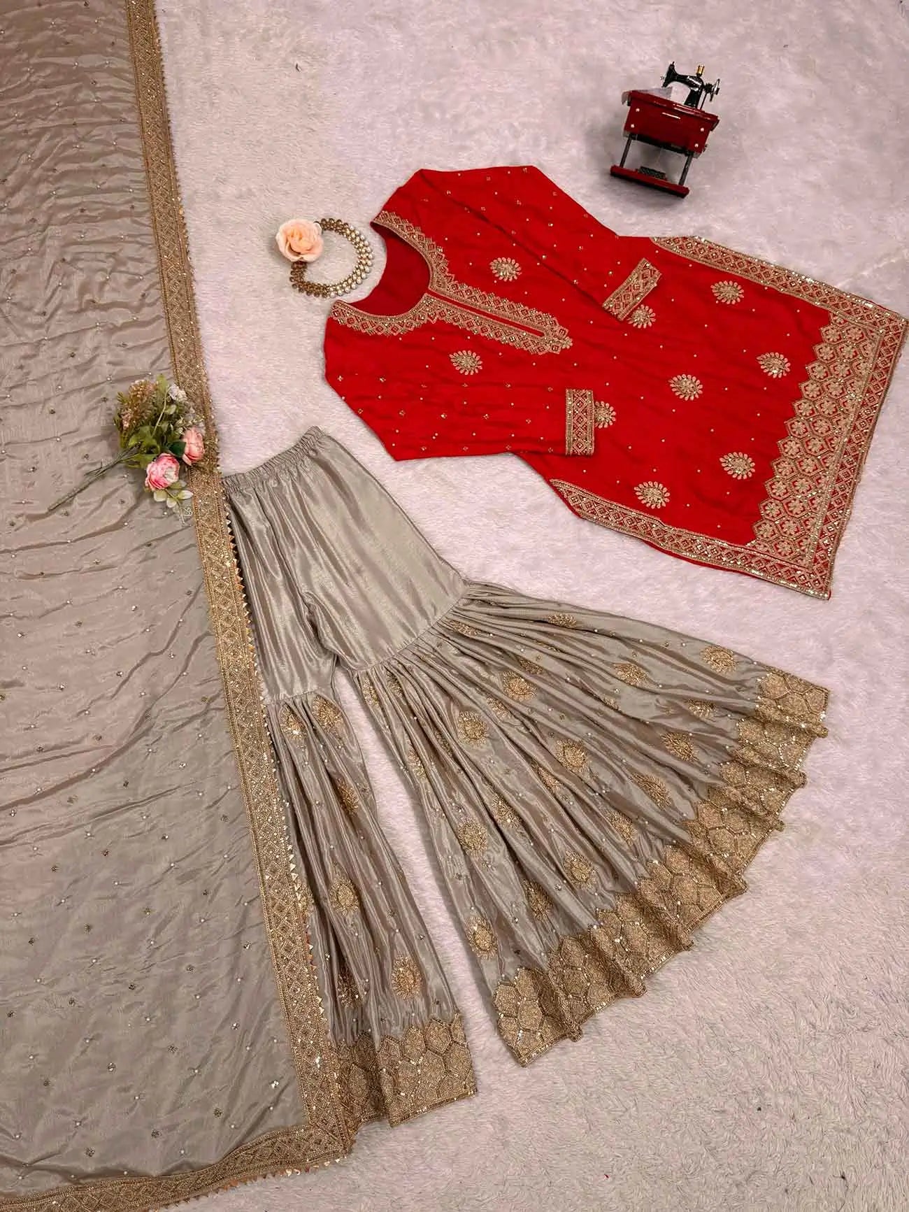 Red Pearl Sequins Embroidery Sharara Suit