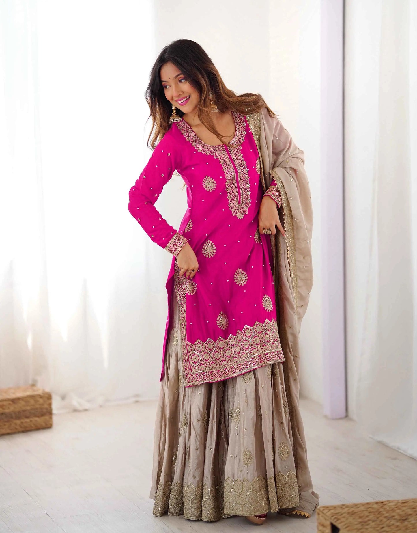 Pink Pearl Sequins Embroidery Sharara Suit
