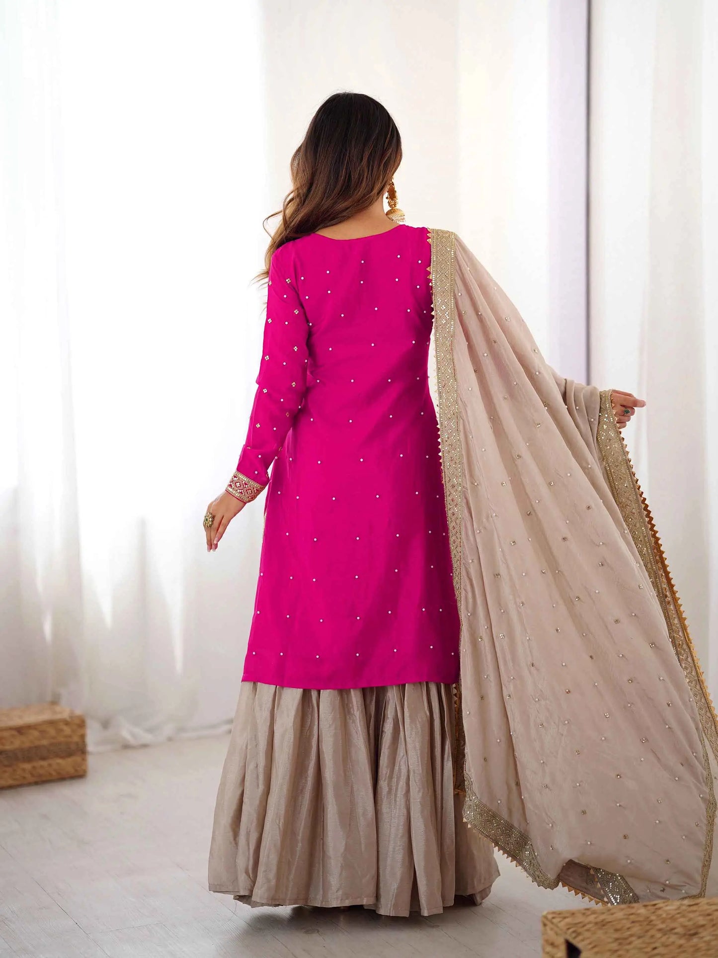 Pink Pearl Sequins Embroidery Sharara Suit