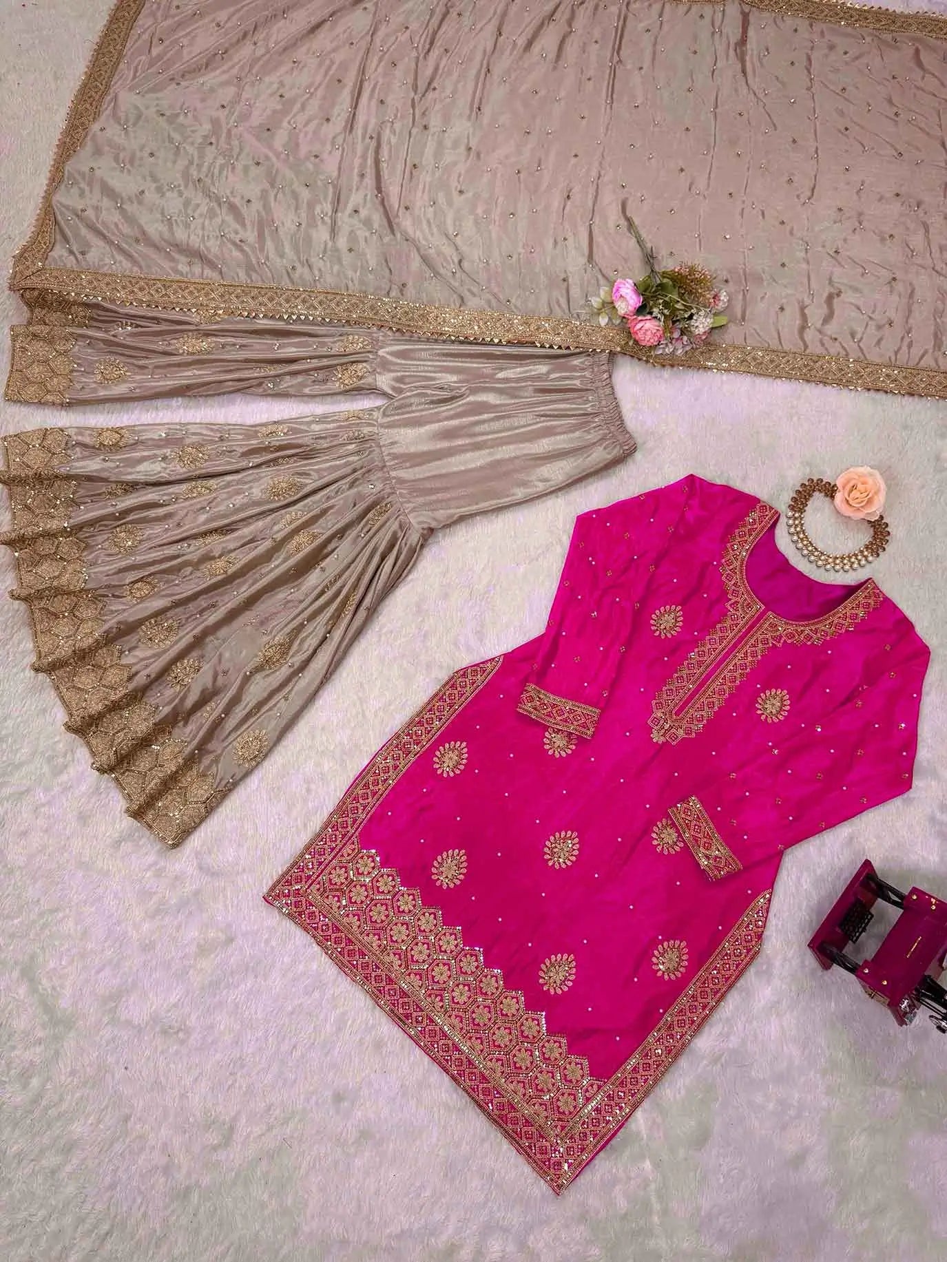 Pink Pearl Sequins Embroidery Sharara Suit