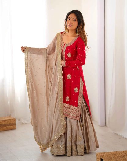 Red Pearl Sequins Embroidery Sharara Suit