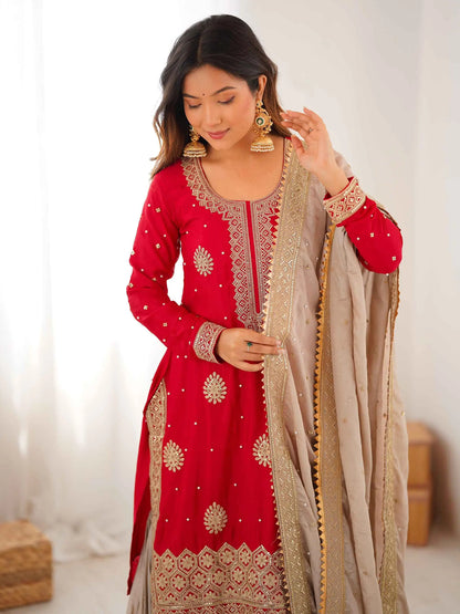 Red Pearl Sequins Embroidery Sharara Suit