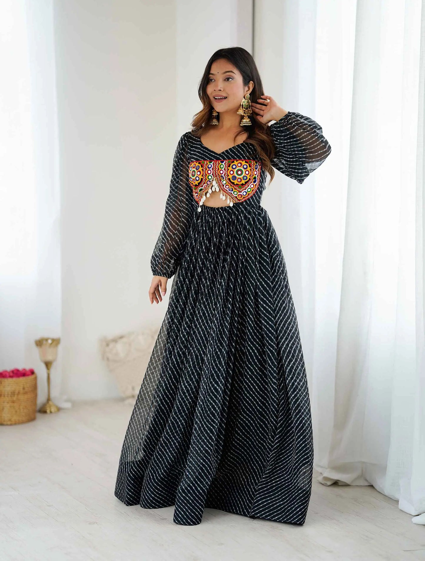 Black Laheriya Print Chain Stitch And Kodi Wok Navratri Gown With Baloon Sleeve