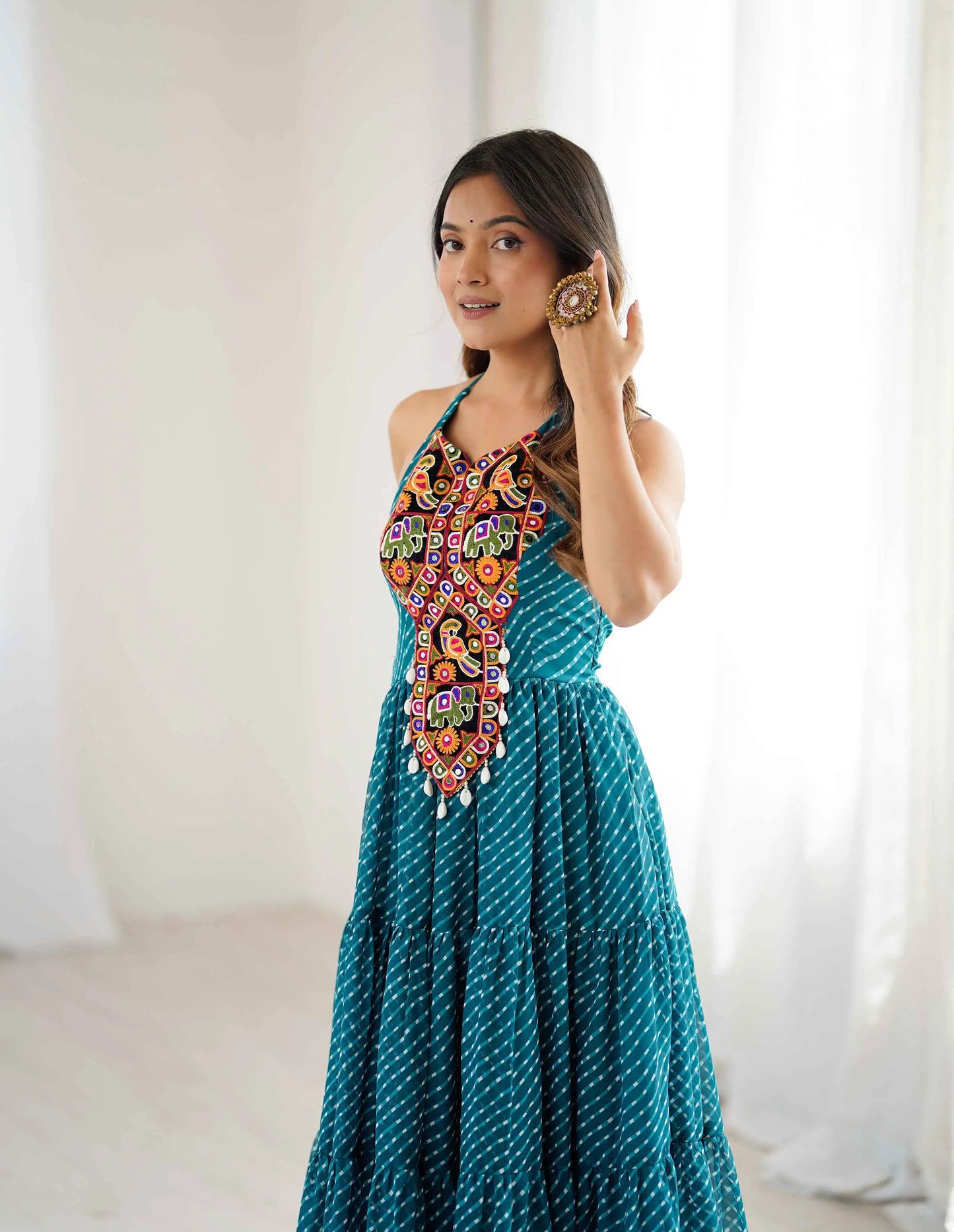 Teal Blue Laheriya Print Chain Stitch Mirror Wok Navratri Gown
