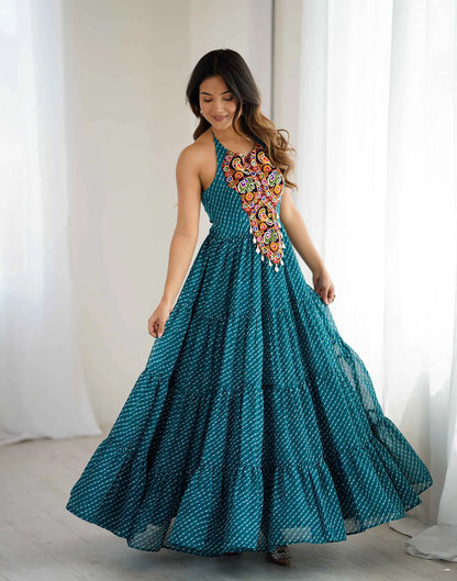 Teal Blue Laheriya Print Chain Stitch Mirror Wok Navratri Gown