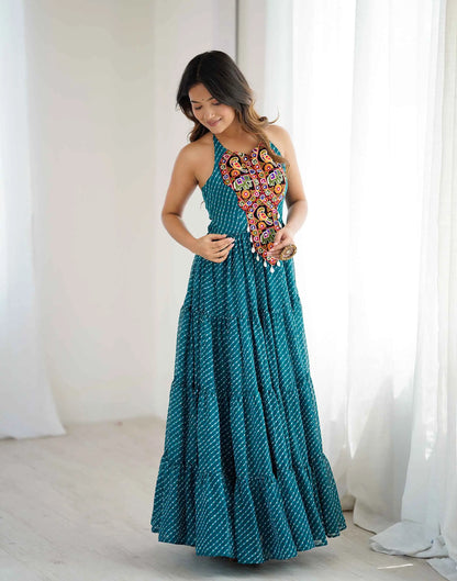 Teal Blue Laheriya Print Chain Stitch Mirror Wok Navratri Gown