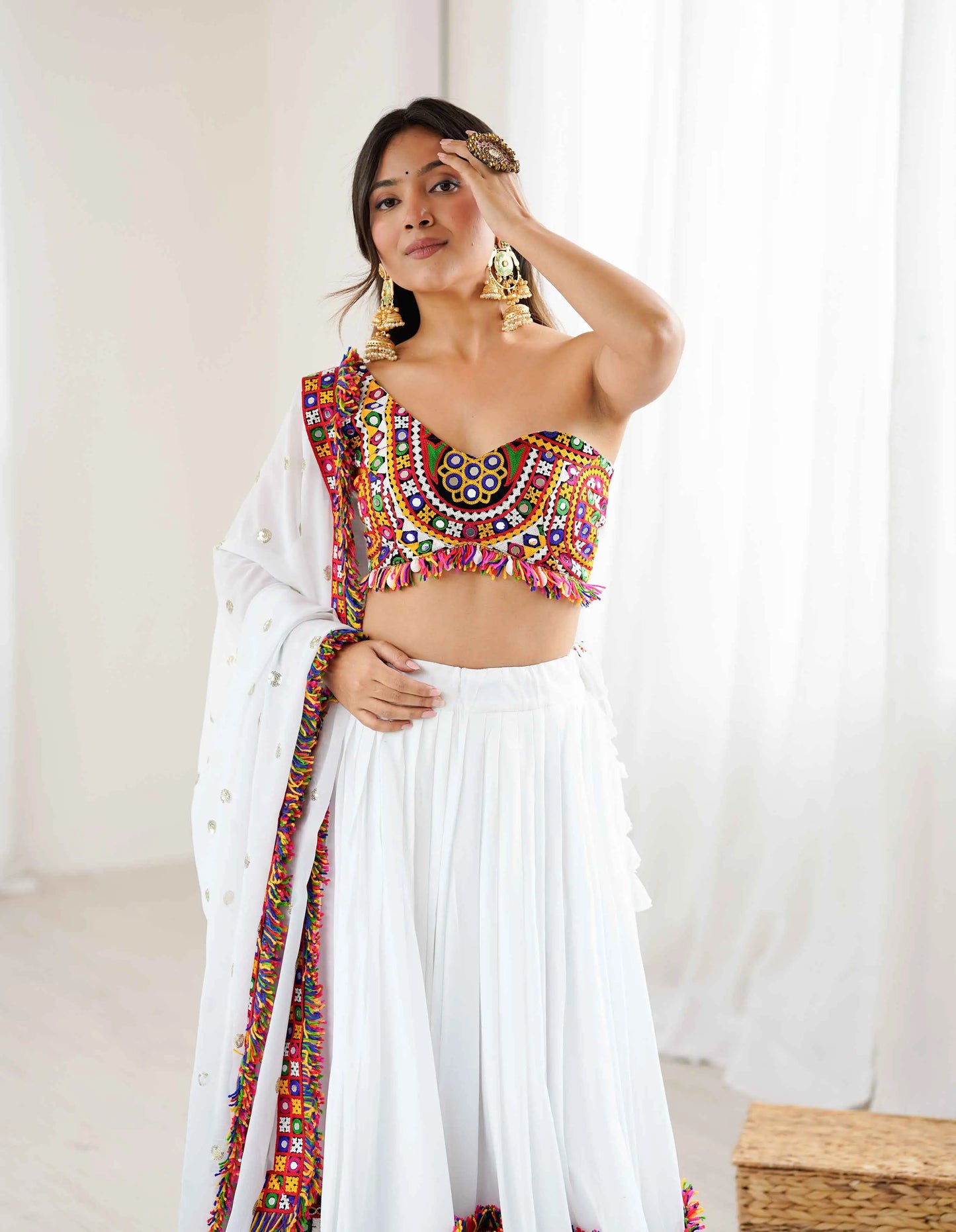 White Multi Thread Gamthi Patch Work Rayon Navratri Lehenga Choli