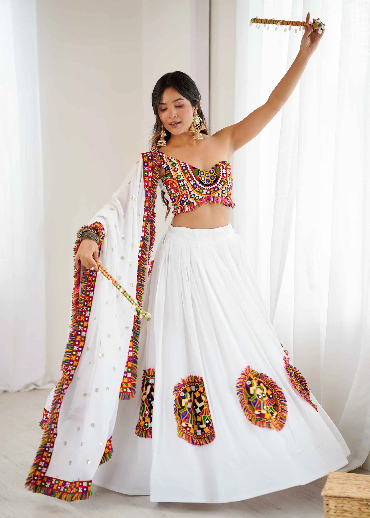 White Multi Thread Gamthi Patch Work Rayon Navratri Lehenga Choli