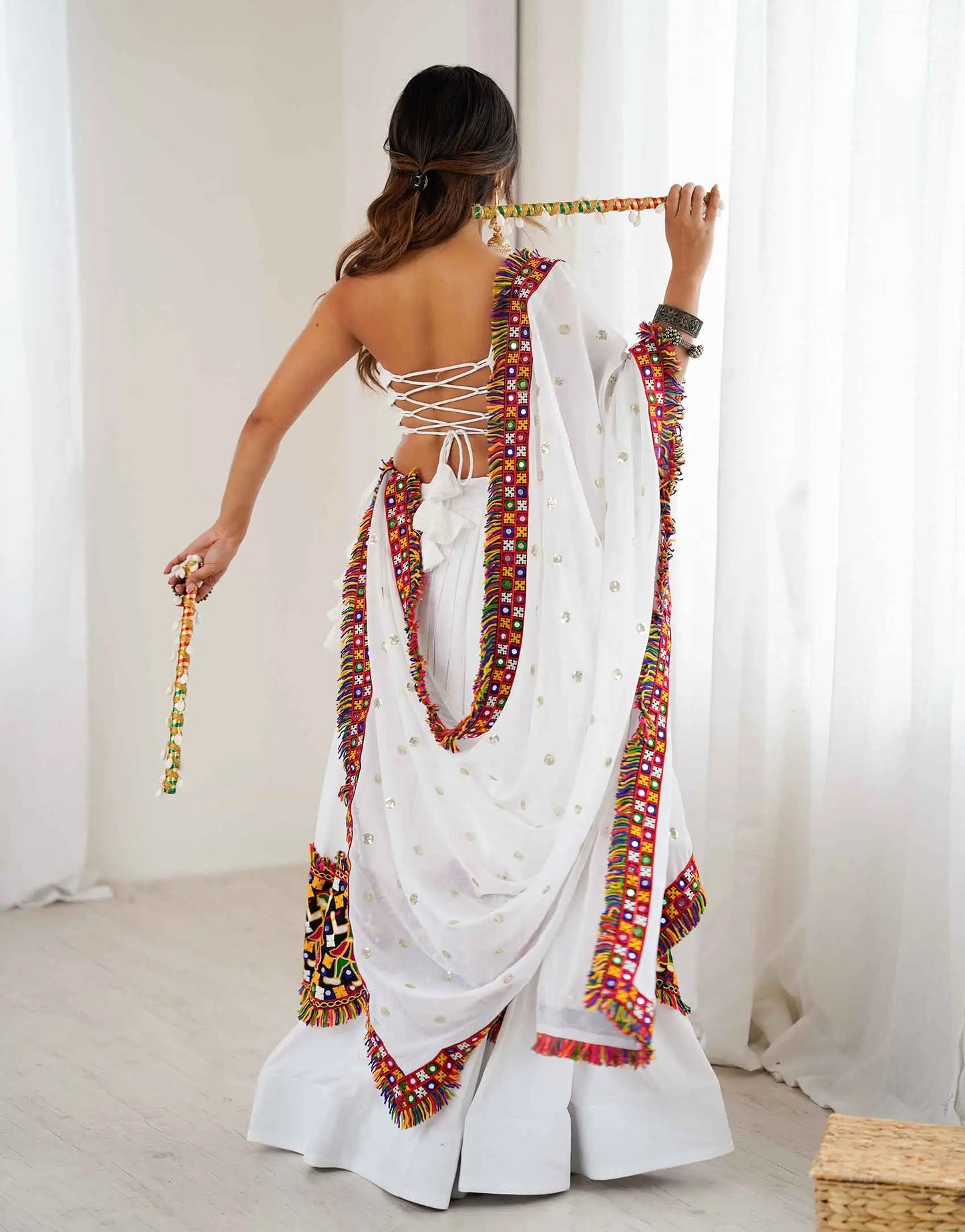 White Multi Thread Gamthi Patch Work Rayon Navratri Lehenga Choli