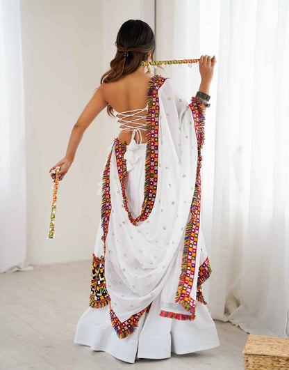 White Multi Thread Gamthi Patch Work Rayon Navratri Lehenga Choli