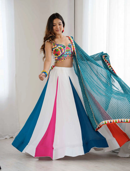 Multi-Color Rayon Navratri Lehenga With Thread & Mirror Work