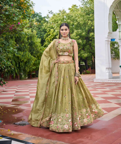 Olive Green Sequins Embroidery Lehenga Choli