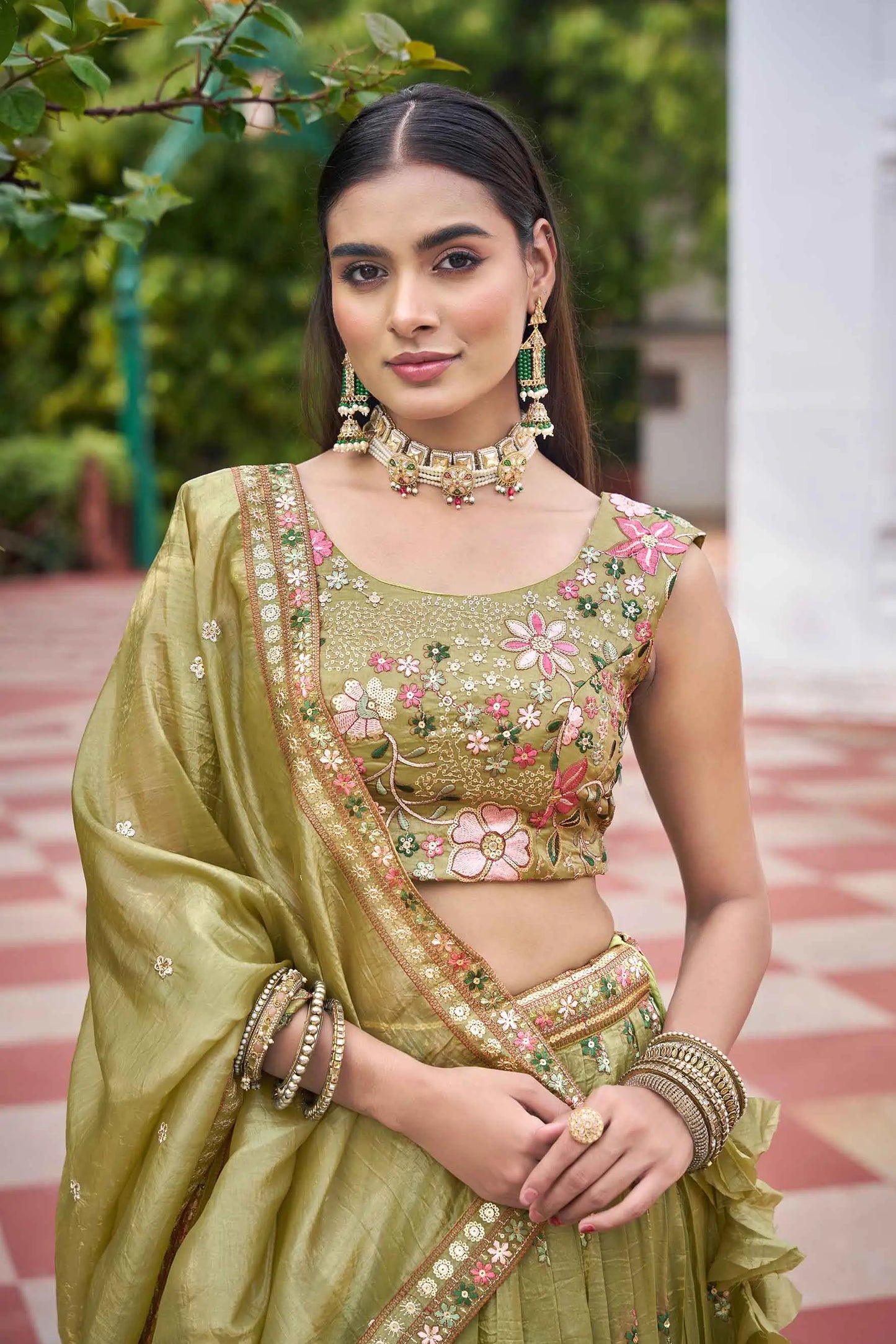 Olive Green Sequins Embroidery Lehenga Choli