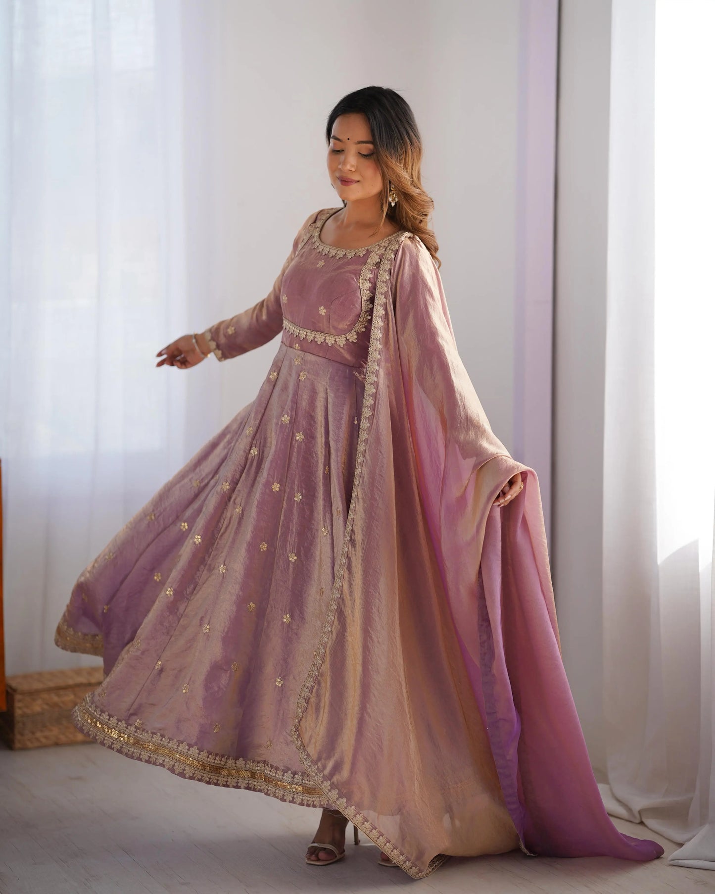 Shiny Rosy Pink Cording Sequins Embroidery Work Designer Gown With Dupatta