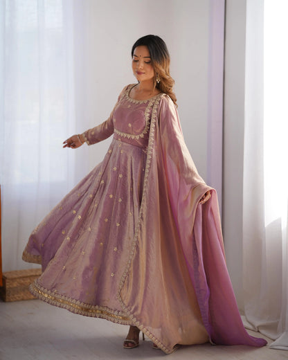 Shiny Rosy Pink Cording Sequins Embroidery Work Designer Gown With Dupatta